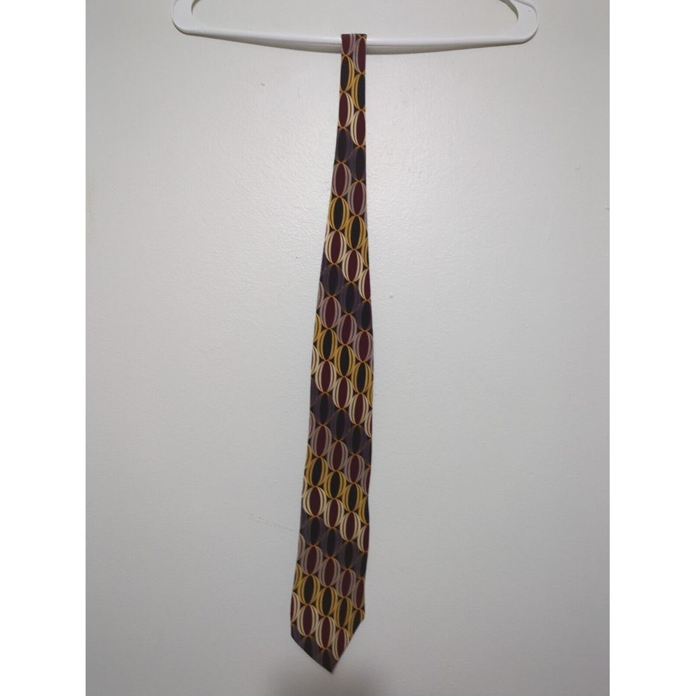 Bill Blass Black Label Mens Silk Tie Burgundy Gold Navy Geometric Oval Pattern